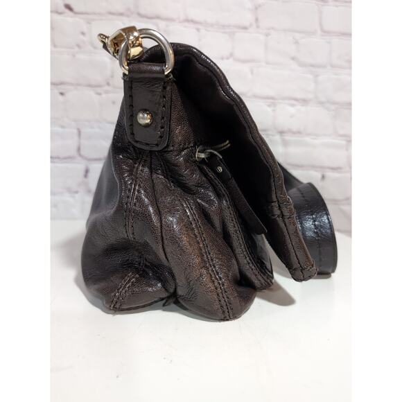 Kate Spade Brown Glossy Leather Shoulder Bag Fold Over Hobo Purse Crossbody - Picture 3 of 15